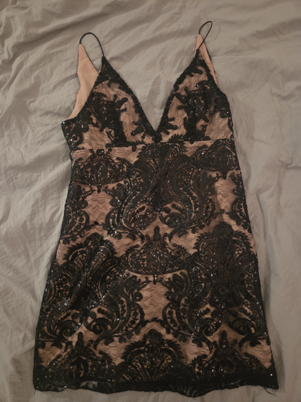 Free People Nude and Black Lace Sequin Slip